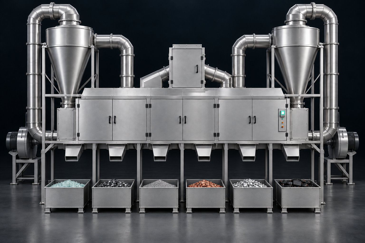 Recycling equipment with a cyclone, metal piping, six outlets and separate material collection bins